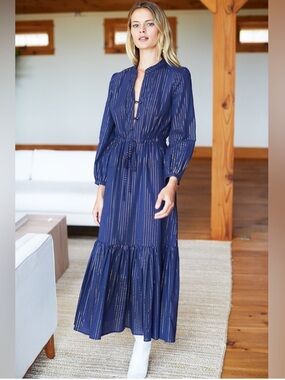 Emerson Fry Frances Dress Tiered Long Sleeve Maxi Dress L Dark Blue Gold Accent